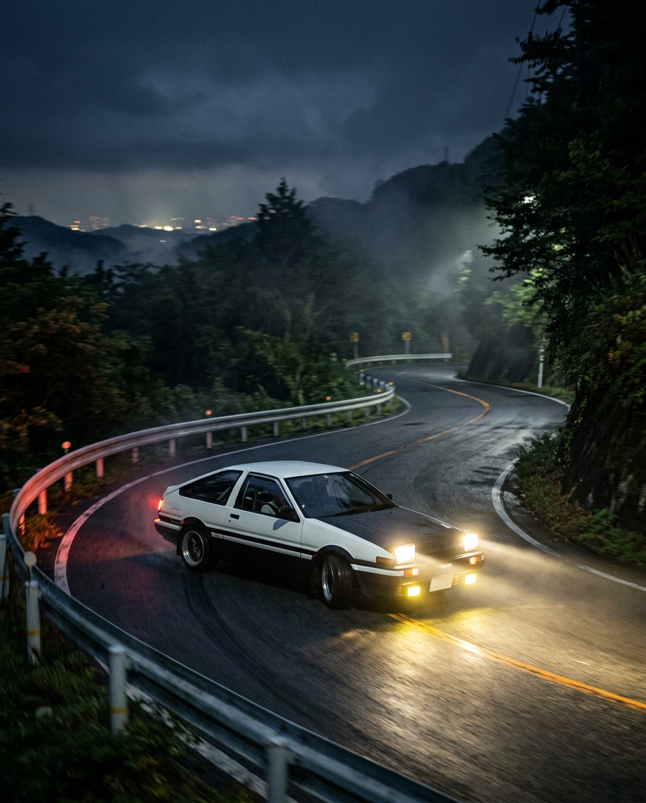 Panda livery Toyota AE86 Sprinter Trueno with pop-up headlights on a mountain road at night