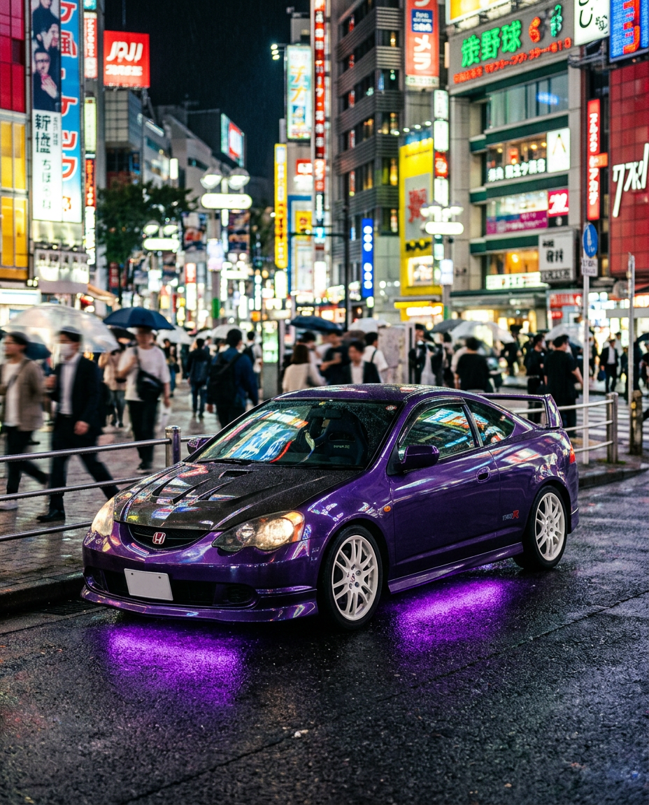 Purple Honda Integra Type R DC5 in Shibuya at night surrounded by neon signs