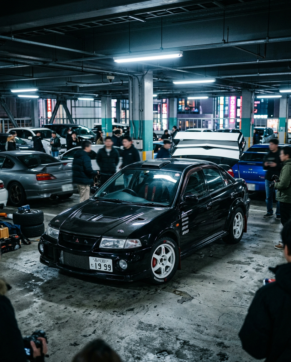 Black Mitsubishi Lancer Evolution VI with rally wing at a Tokyo car meet at night