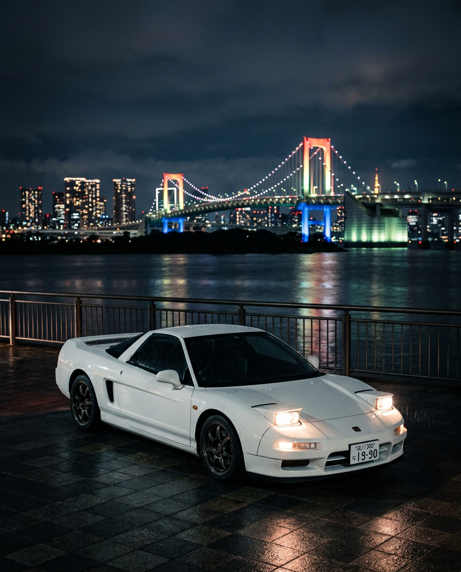 Championship White Honda NSX NA1 with pop-up headlights by Tokyo Bay and Rainbow Bridge
