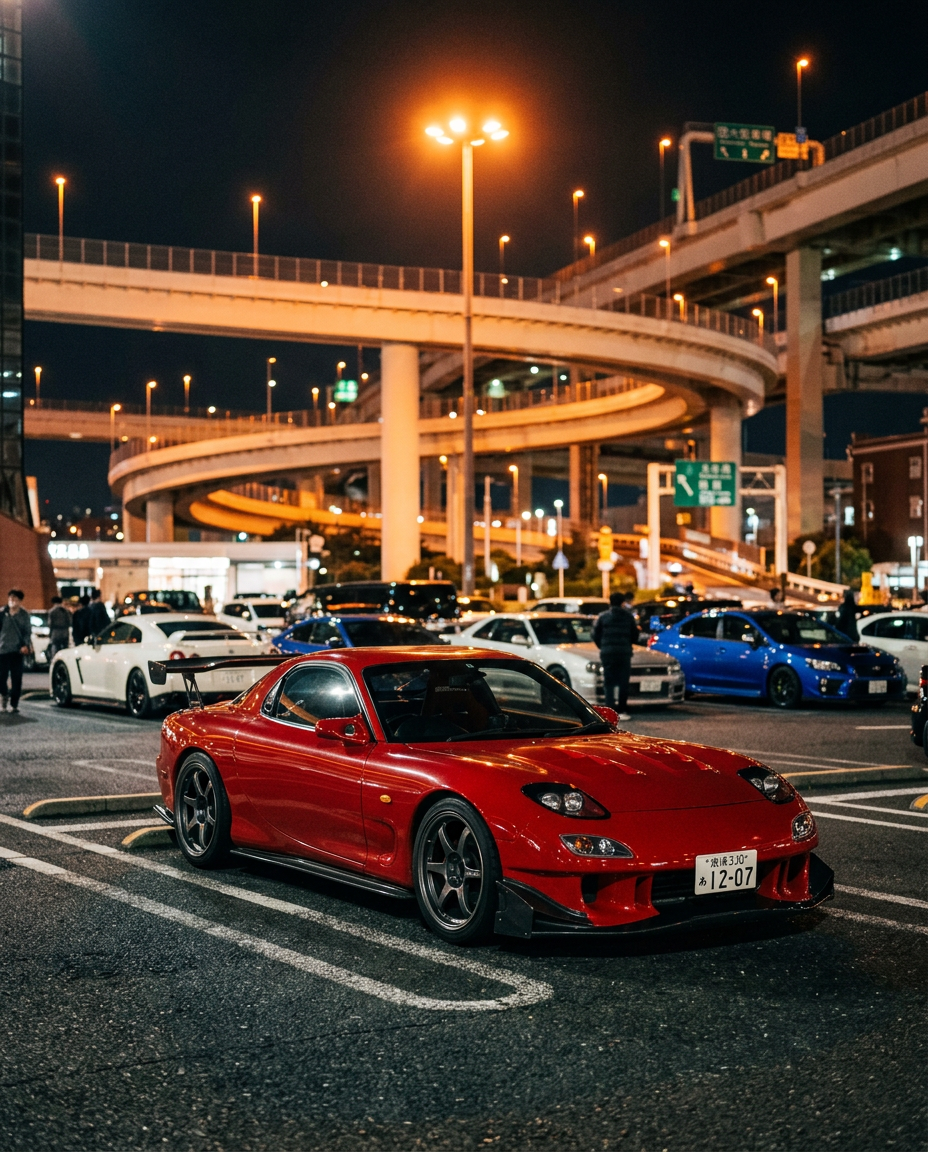 Red Mazda RX-7 FD3S at a Japanese highway parking area at night
