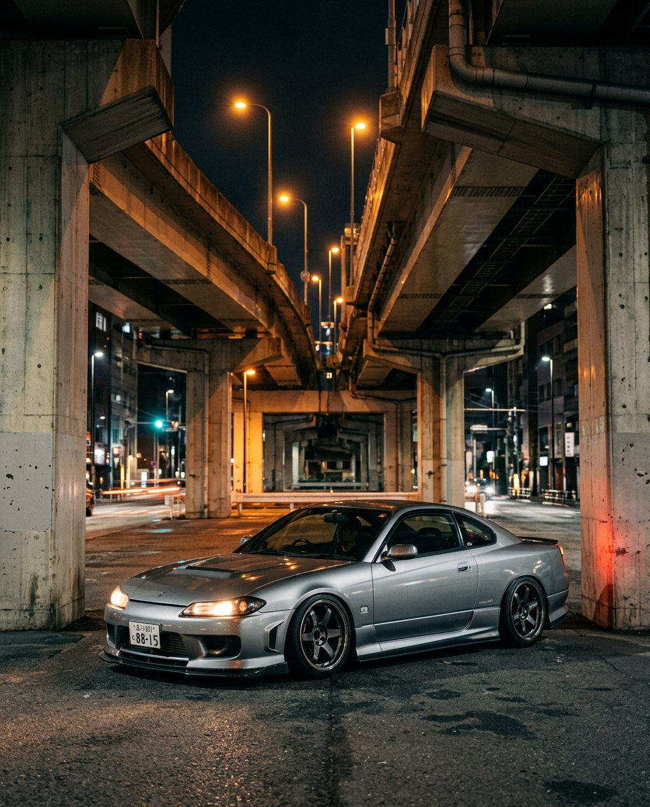 Silver lowered Nissan Silvia S15 under an elevated Tokyo expressway at night