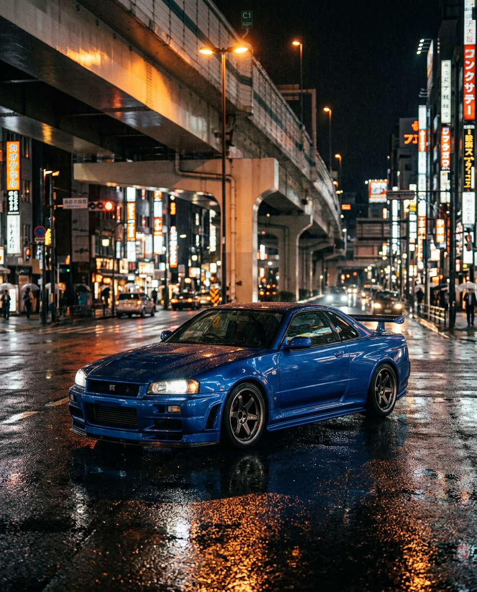 Bayside Blue Nissan Skyline GT-R R34 parked under a Tokyo expressway at night
