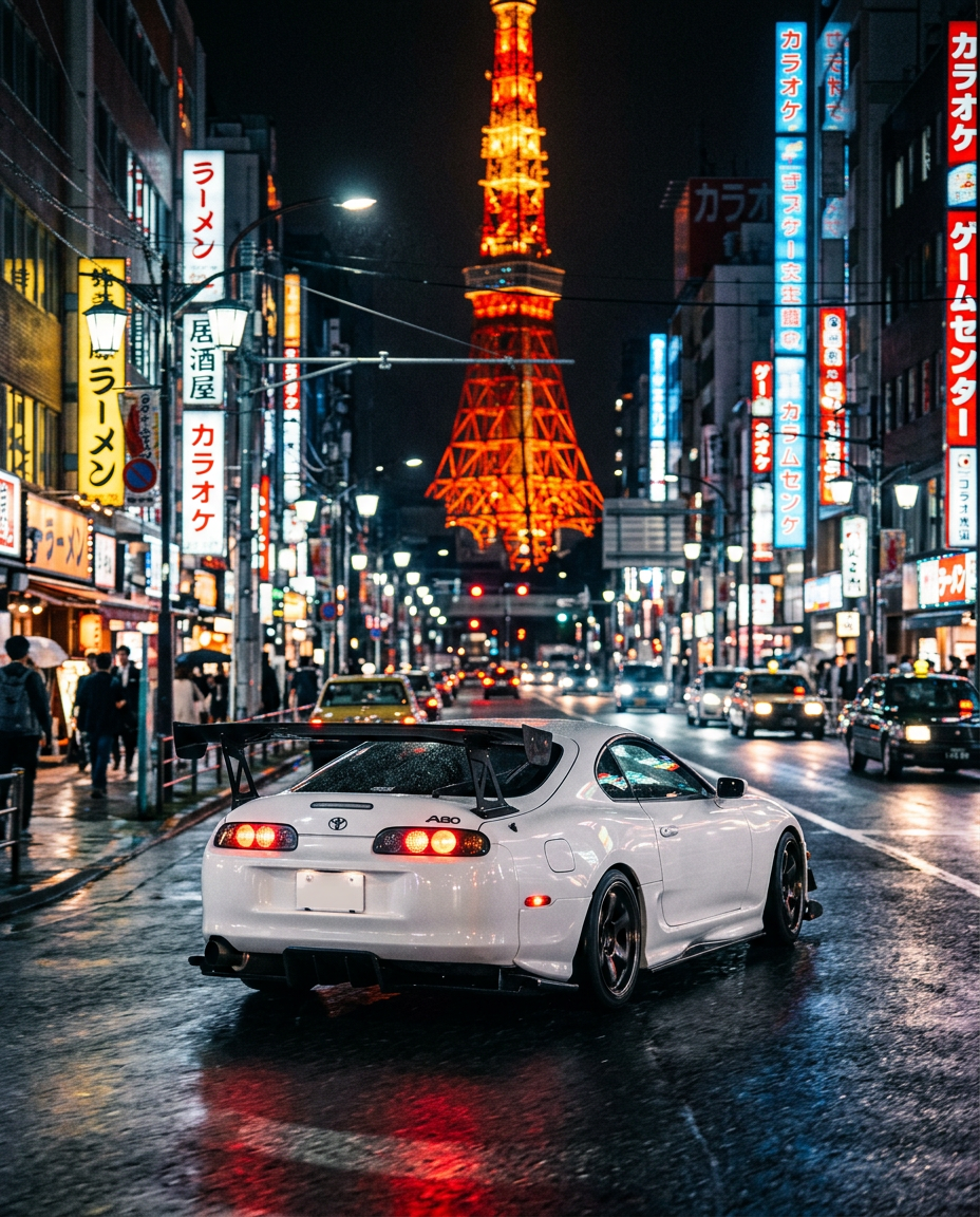 White Toyota Supra MK4 with a rear wing on a Tokyo street with Tokyo Tower behind it