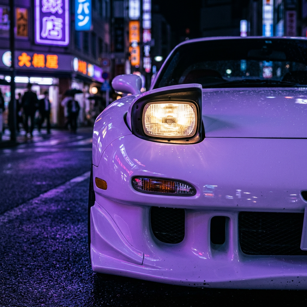 Pop-up headlights glowing under purple neon light