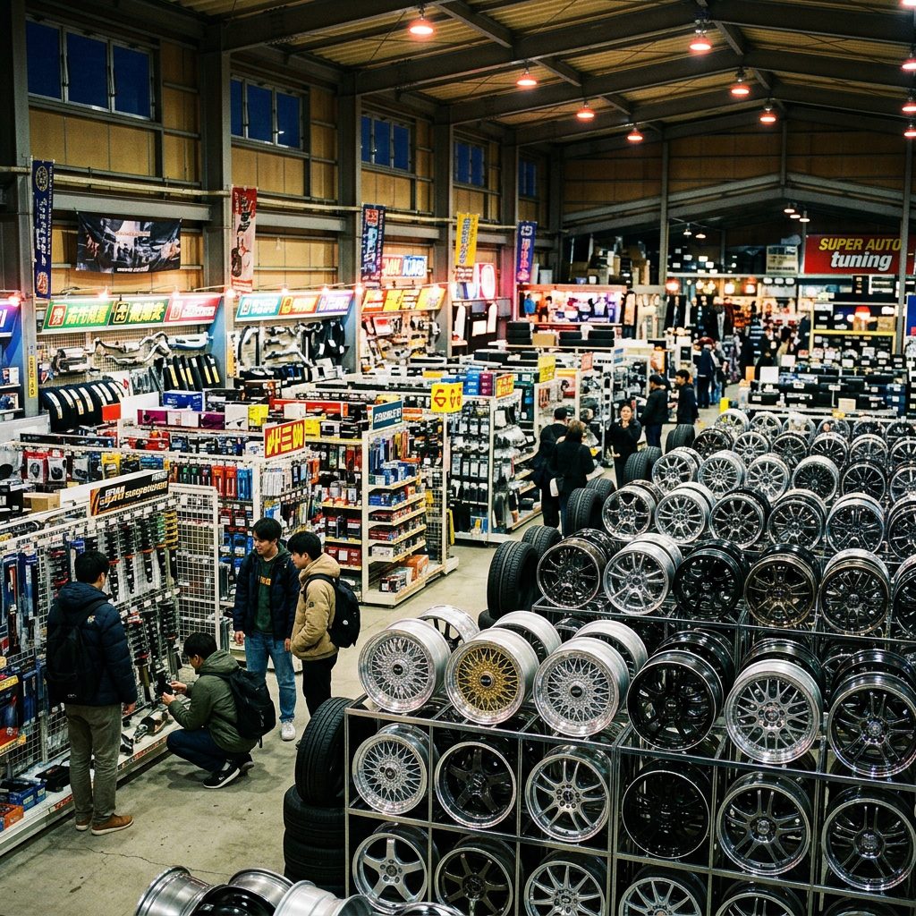 Wheels and tuning parts on display inside a Japanese car parts store