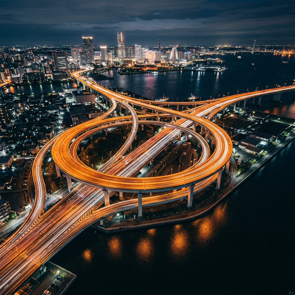 Looping expressway junction near Daikoku PA in Yokohama at night