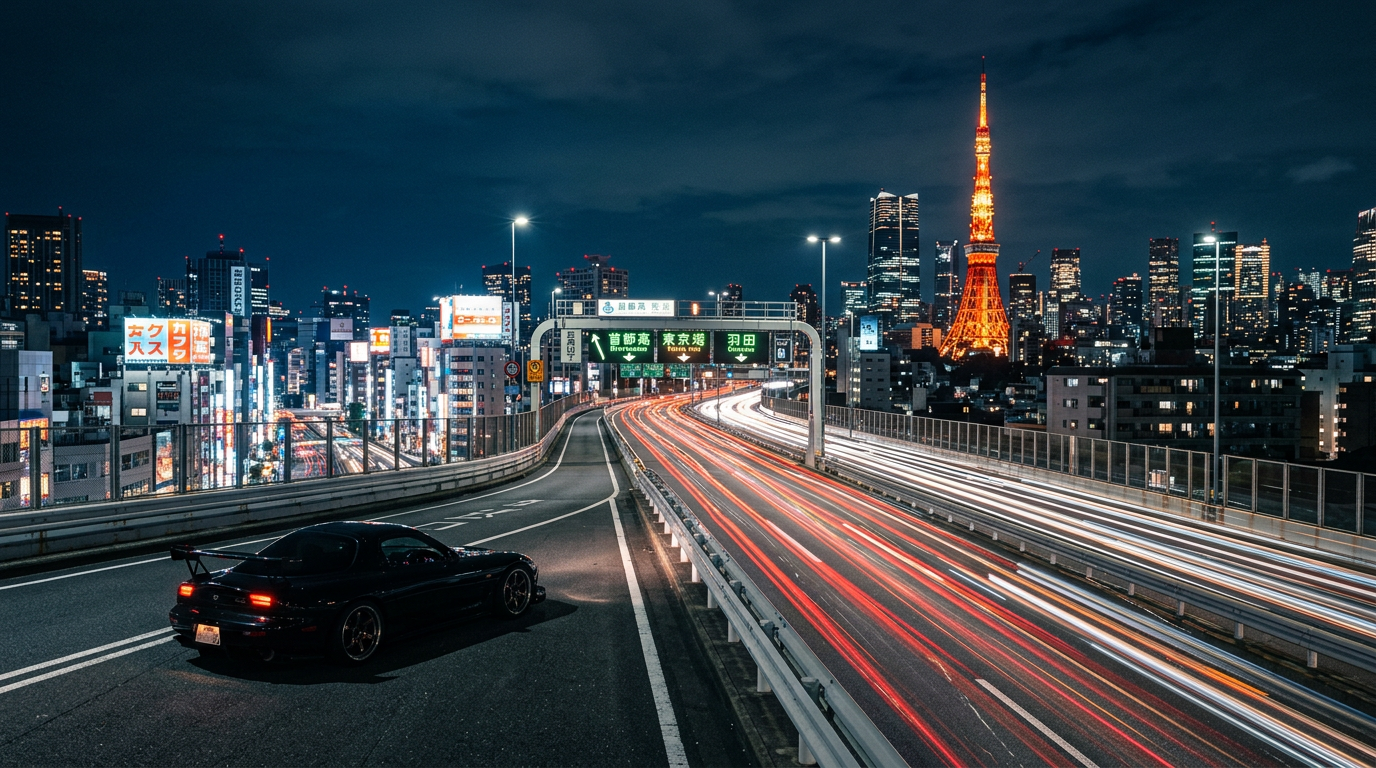 Light trails on the Shuto Expressway with the Tokyo skyline and Tokyo Tower at night